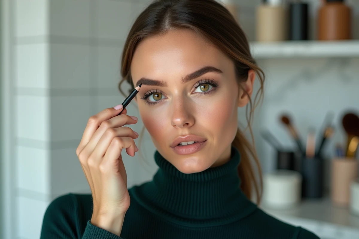 Gros plan sur des yeux marron verts d'une femme appliquant un eye-liner dans un studio de beauté contemporain, soin du regard et maquillage précis