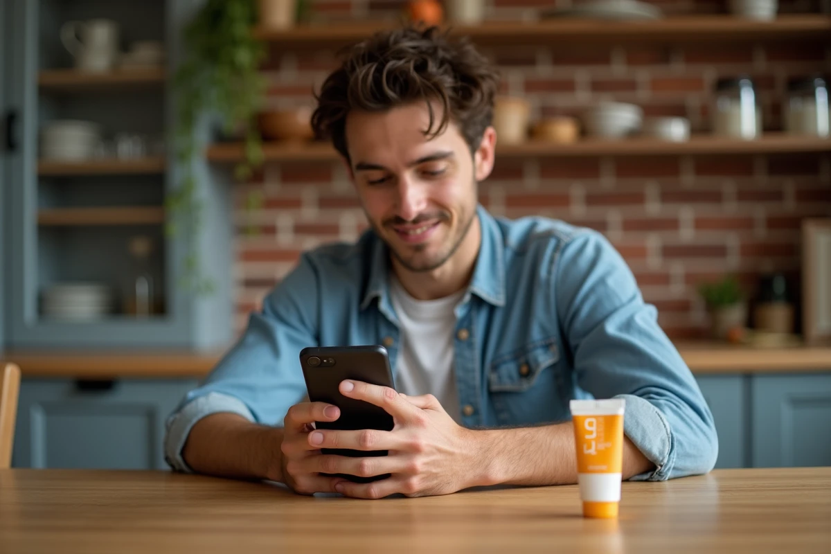 Homme consultant l'application Yuka sur son téléphone avec une crème solide Comme Avant posée sur une table en bois