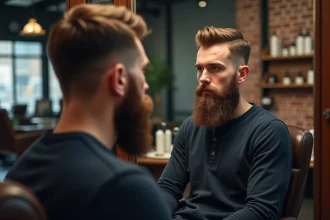 Homme aux longs contours de barbe soignés examinant son visage dans un miroir de salon de coiffure moderne