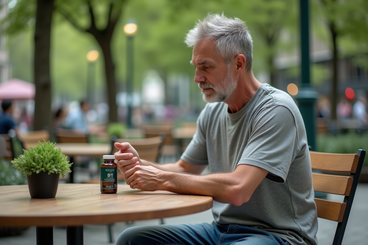 Homme assis dans un café lisant une bouteille de minéral en plein air