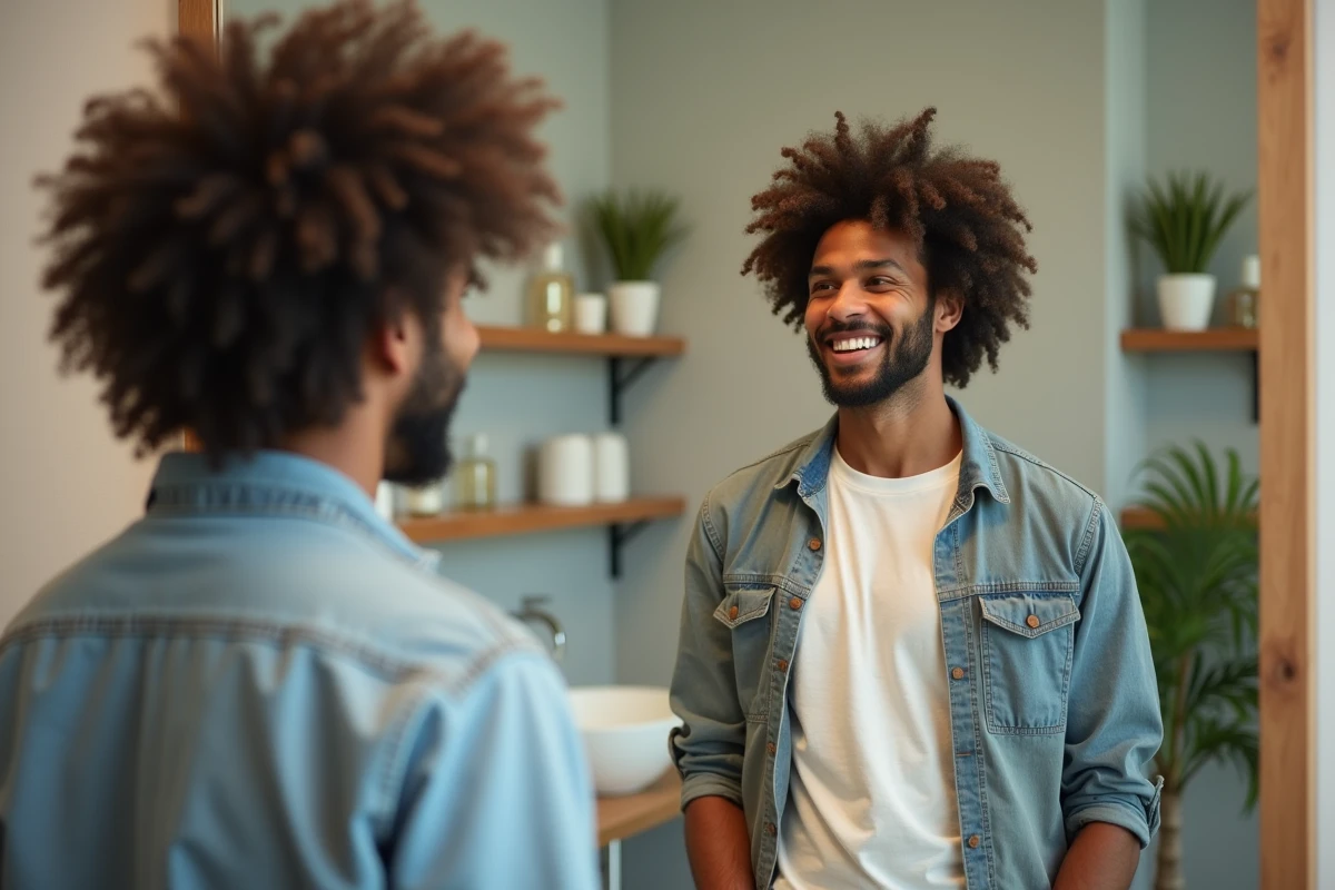 Homme vérifiant sa coiffure dans un miroir de salle de bain
