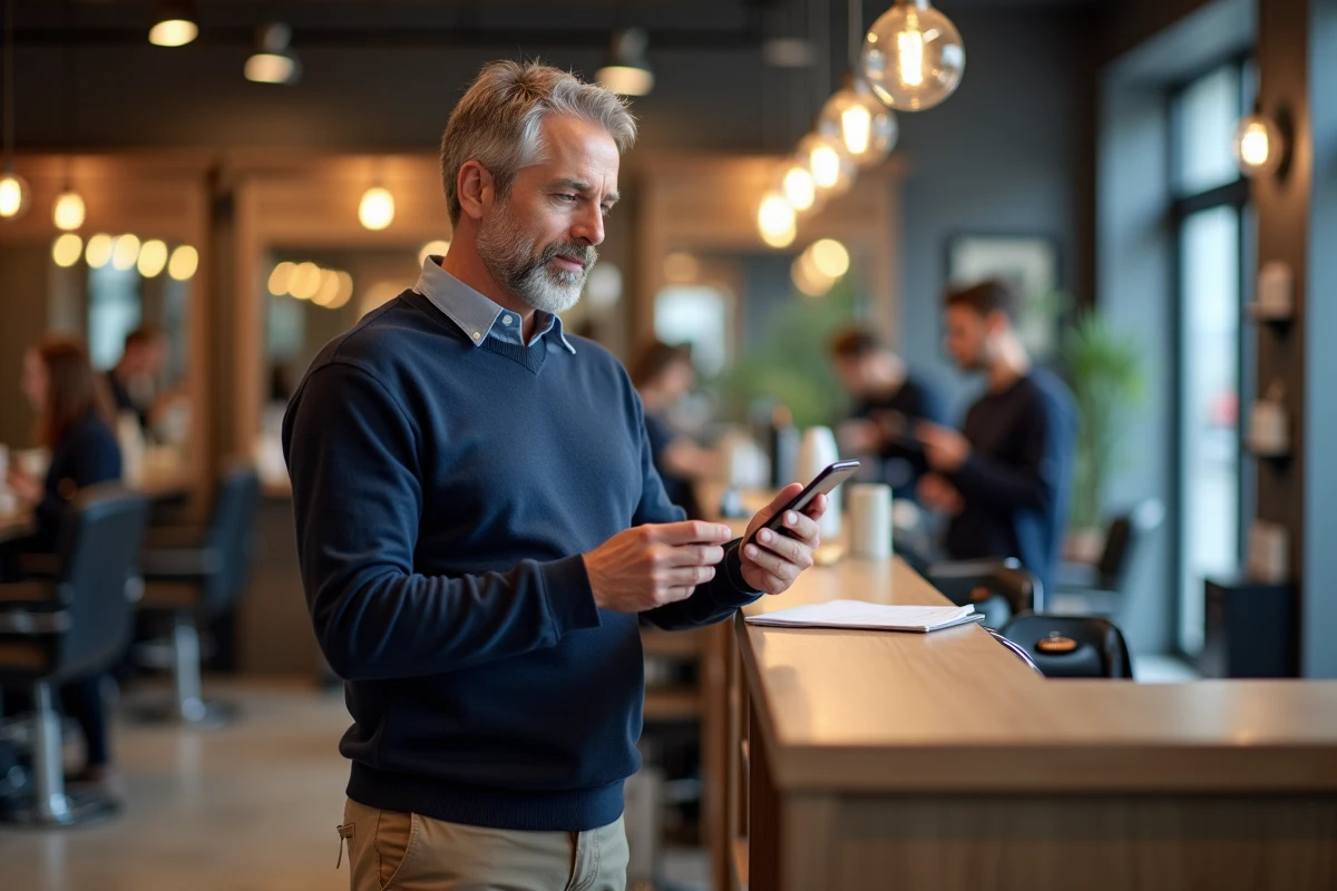 Homme réfléchissant avec smartphone dans un salon de coiffure moderne