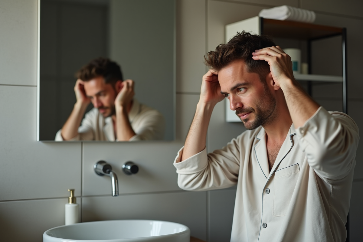 Homme détachant ses cheveux dans une salle de bain moderne