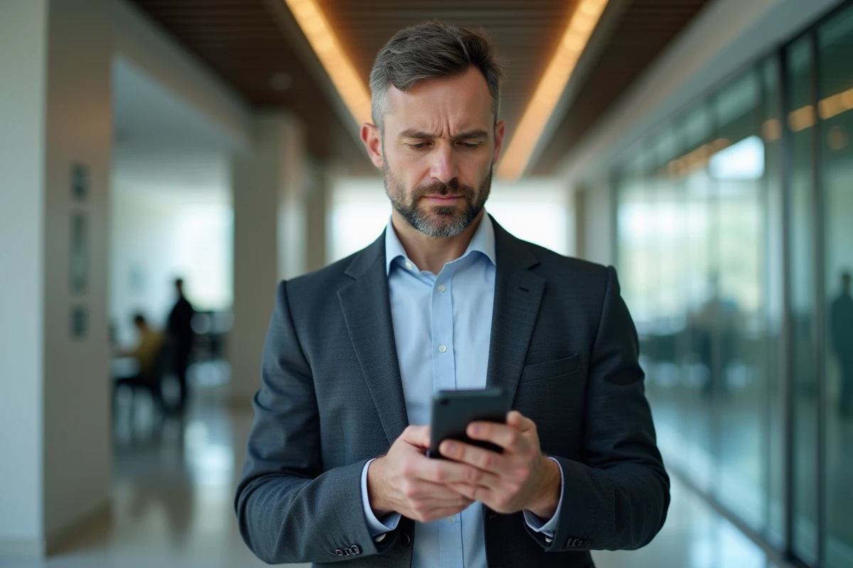 Homme d affaires utilisant son smartphone dans un lobby moderne