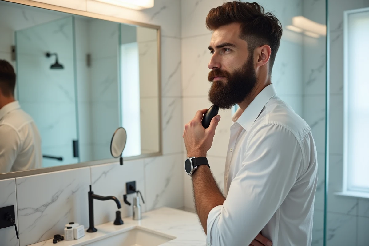 Homme soignant les contours de sa barbe longue avec une tondeuse de précision devant un miroir de salle de bain