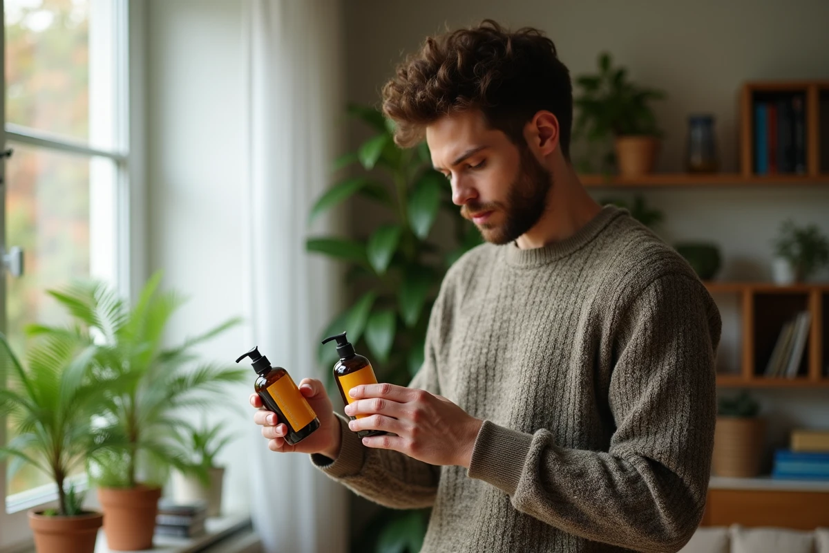 Homme choisissant entre deux huiles capillaires dans un salon