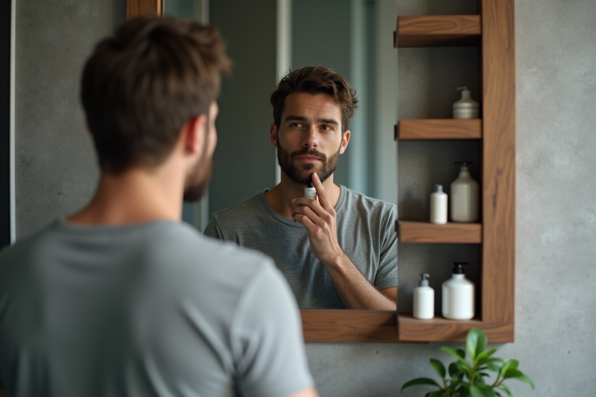 Homme regardant son reflet après soin visage dans la salle de bain