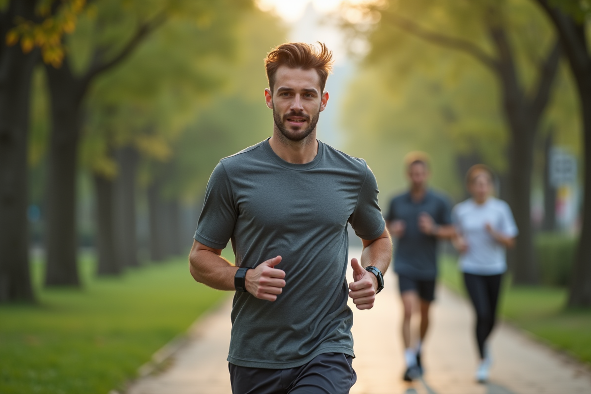 Homme courant dans un parc urbain au matin