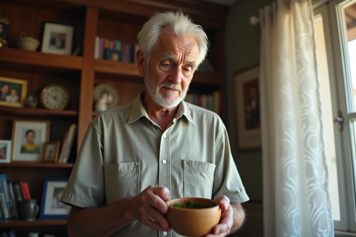 Homme âgé examinant ses racines de cheveux avec un bol de henné