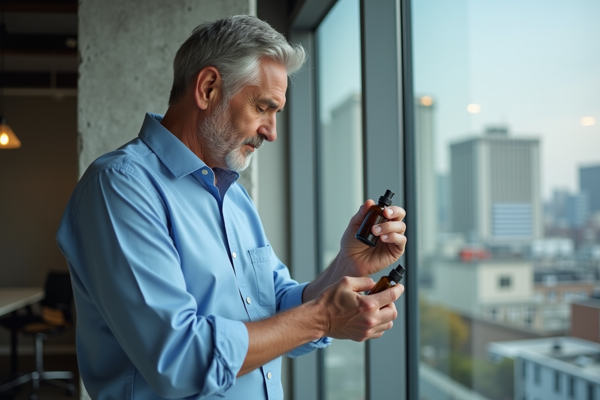 Homme massant ses poignets avec une huile essentielle dans un bureau moderne