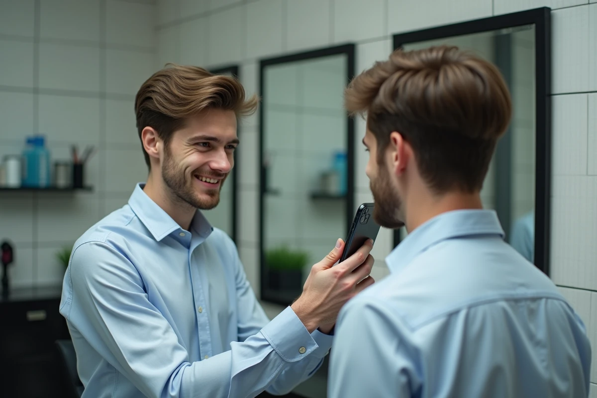 Jeune homme comparant sa coupe virtuelle au miroir