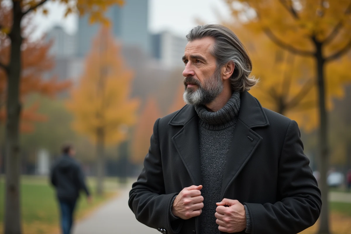 Homme d age moyen marche dans un parc en automne