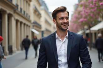 Homme élégant marchant dans une rue parisienne