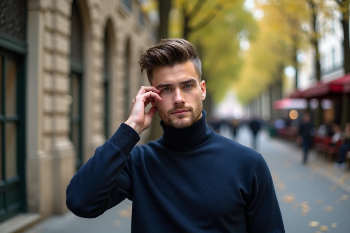 Homme avec coupe carré boule dans rue parisienne