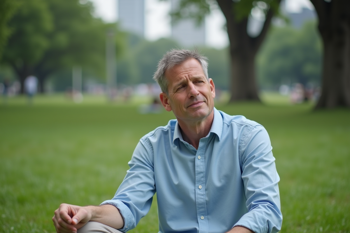 Homme assis dans un parc urbain en pleine détente