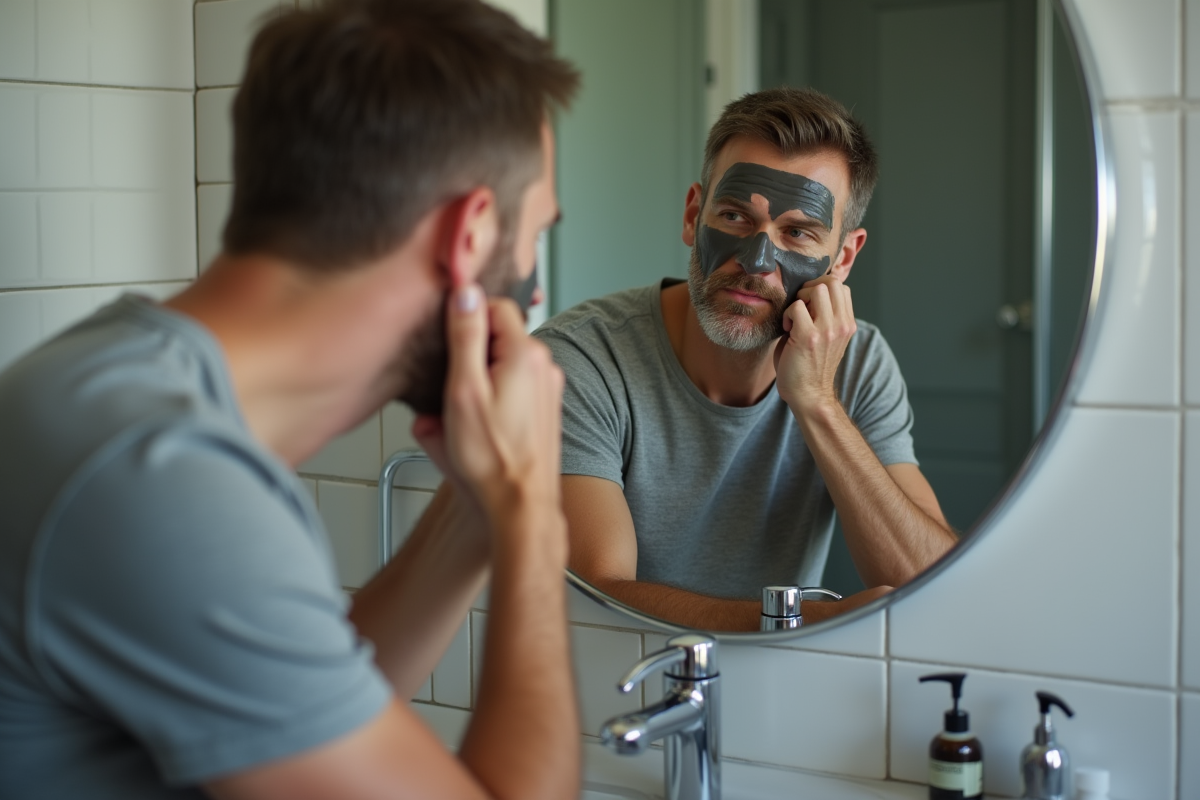 Homme se rinçant le visage avec un masque au charbon