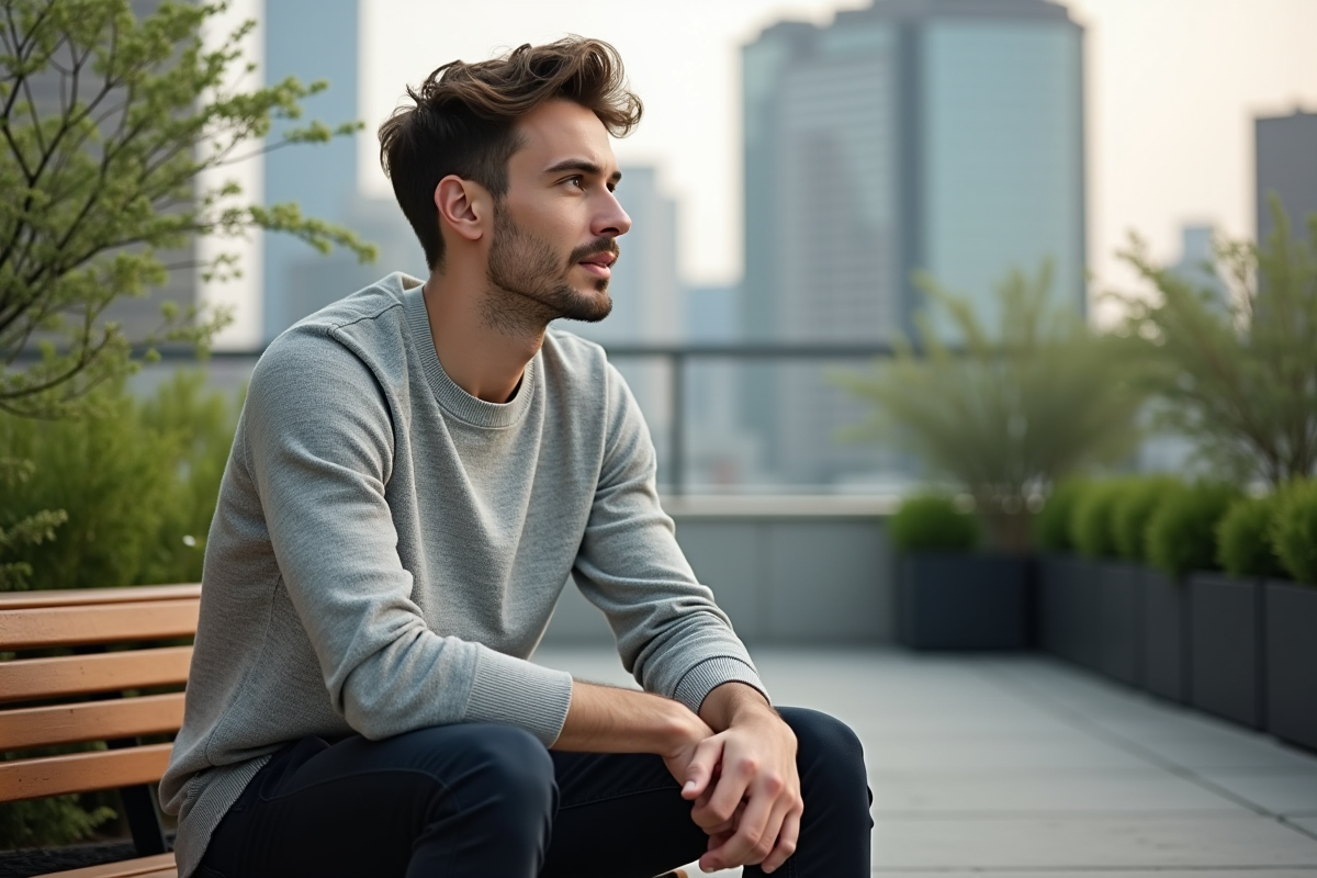 Jeune homme assis dans un jardin urbain moderne