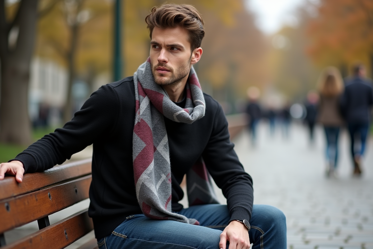 Jeune homme avec foulard géométrique dans un parc urbain