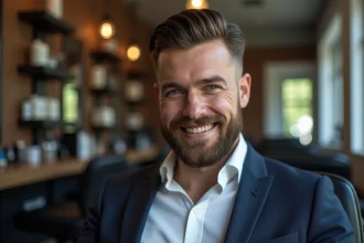 Homme bien coiffé et barbe soignée en barbershop