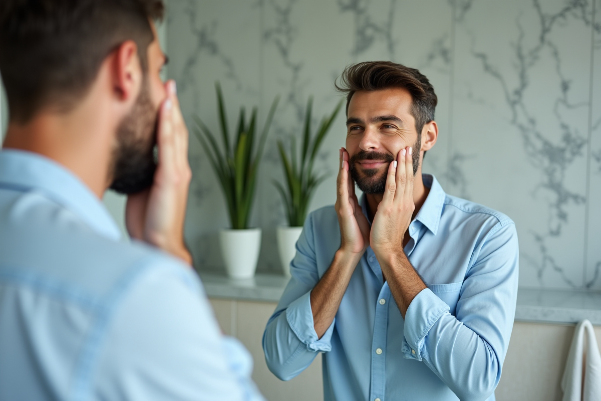Homme appliquant un soin visage dans sa salle de bain