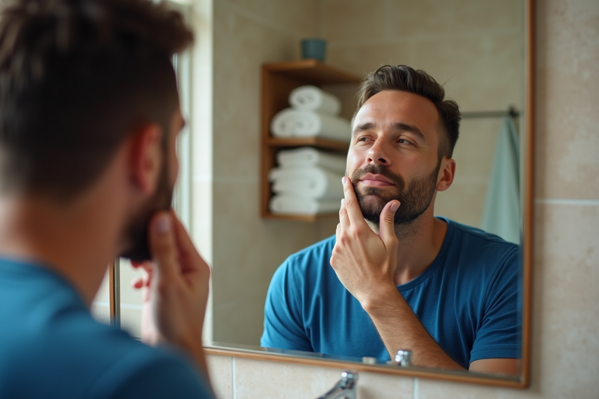 Homme se massant la mâchoire devant le miroir dans la salle de bain