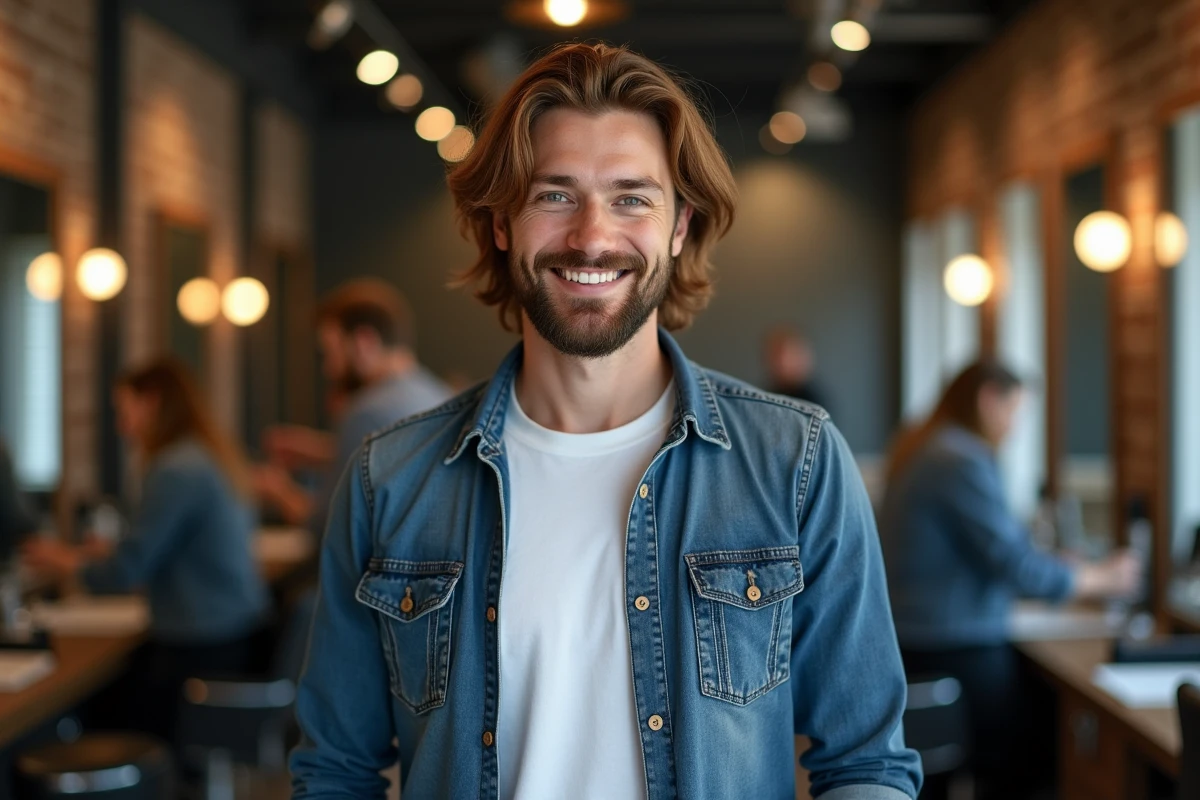 Homme élégant en barbershop moderne avec chemise en denim