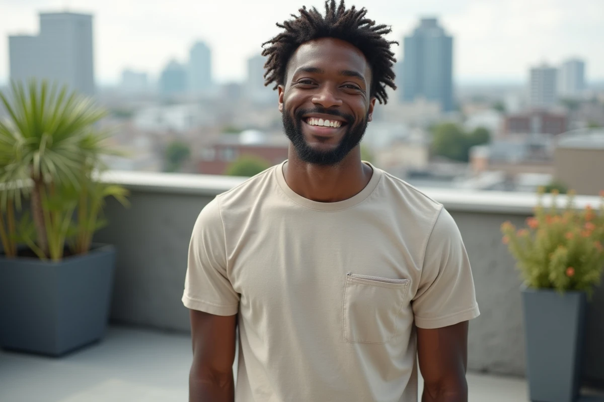 Homme aux cheveux bouclés sur un balcon urbain en matinée