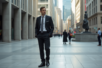Homme en costume noir dans une place urbaine dynamique