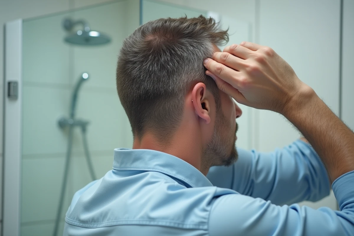 Homme inspectant sa croissance capillaire dans la salle de bain