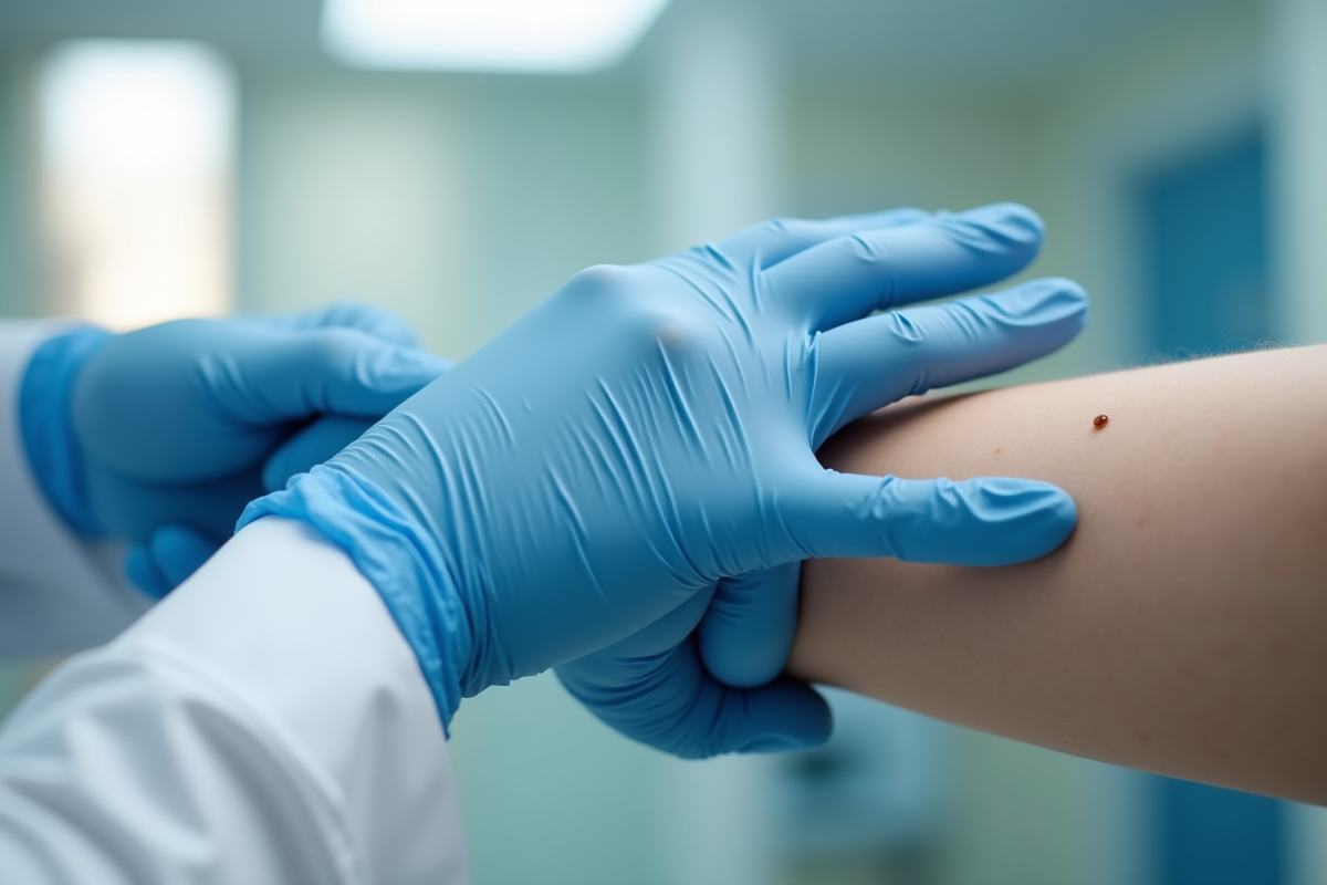 Dermatologue inspectant une tache de naissance sur le bras