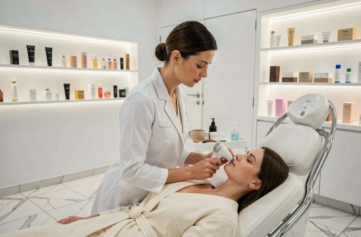 Soin de microdermabrasion réalisé avec précision par une esthéticienne professionnelle dans le cadre contemporain d'Institut O Beauté à Lyon