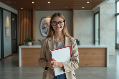 Jeune femme confiante avec portfolio dans un espace moderne