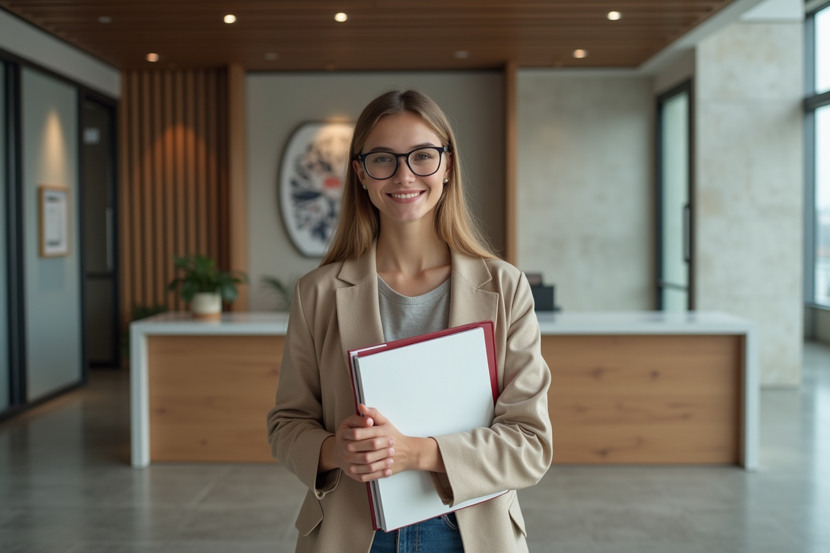 Jeune femme confiante avec portfolio dans un espace moderne