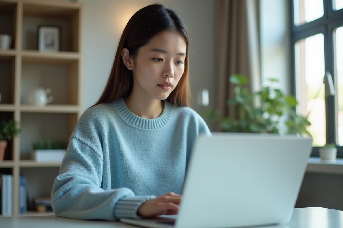 Jeune femme au bureau en train de taper sur un ordinateur portable