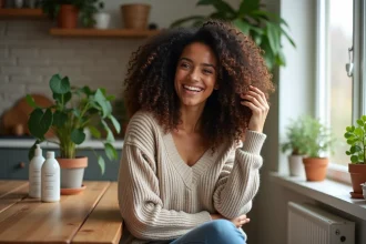 Jeune femme aux cheveux crépus volumineux souriante à la maison