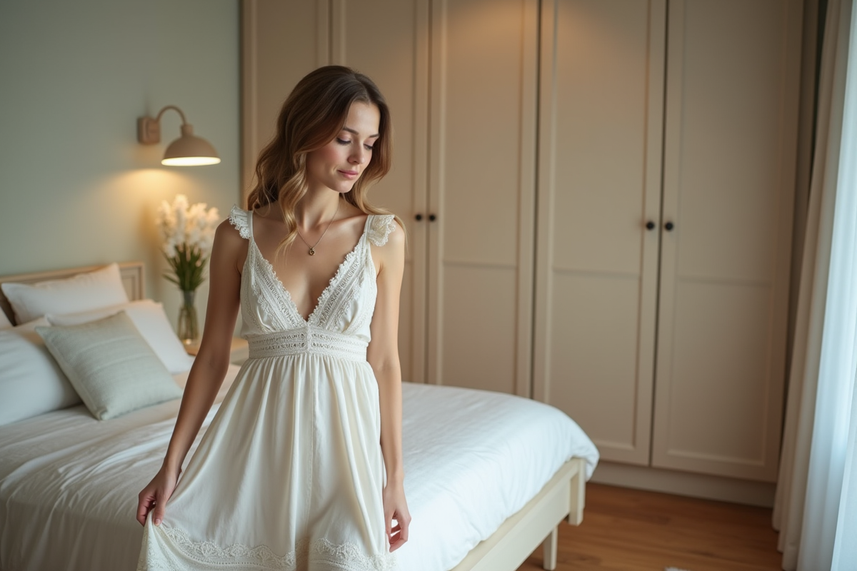 Jeune femme en robe d'été dans une chambre moderne