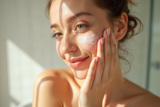 Jeune femme appliquant une crème hydratante visage en lumière naturelle