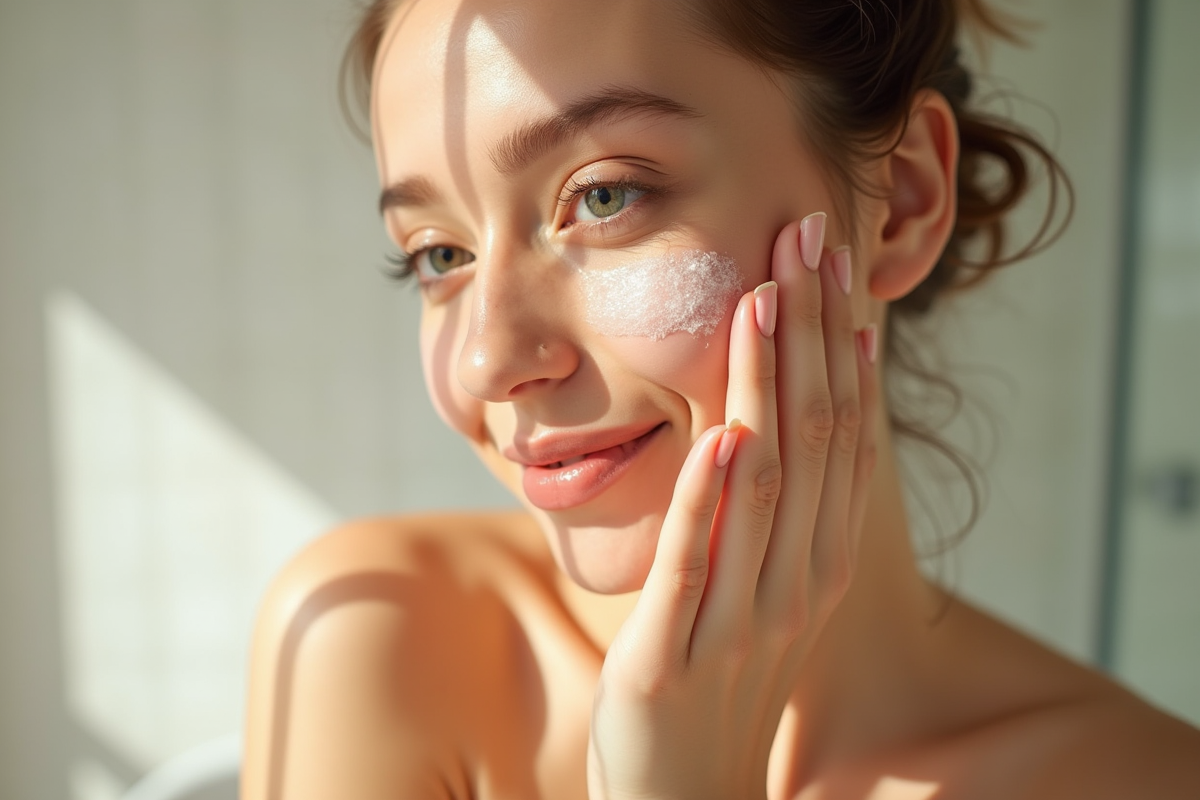 Jeune femme appliquant une crème hydratante visage en lumière naturelle