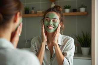 Jeune femme appliquant un masque visage maison dans sa salle de bain