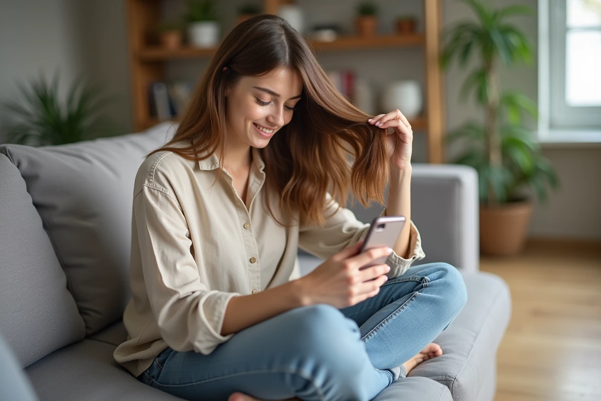 Jeune femme à la maison testant un simulateur de coupe et coloration de cheveux sur smartphone avant de prendre rendez-vous