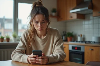 Jeune femme regardant son smartphone dans la cuisine