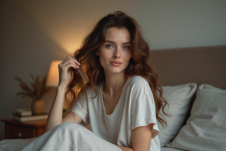 Jeune femme se coiffant au lit dans une chambre cosy