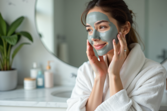 Jeune femme appliquant un masque d'argile sur le visage