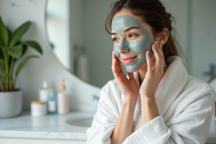 Jeune femme appliquant un masque d'argile sur le visage