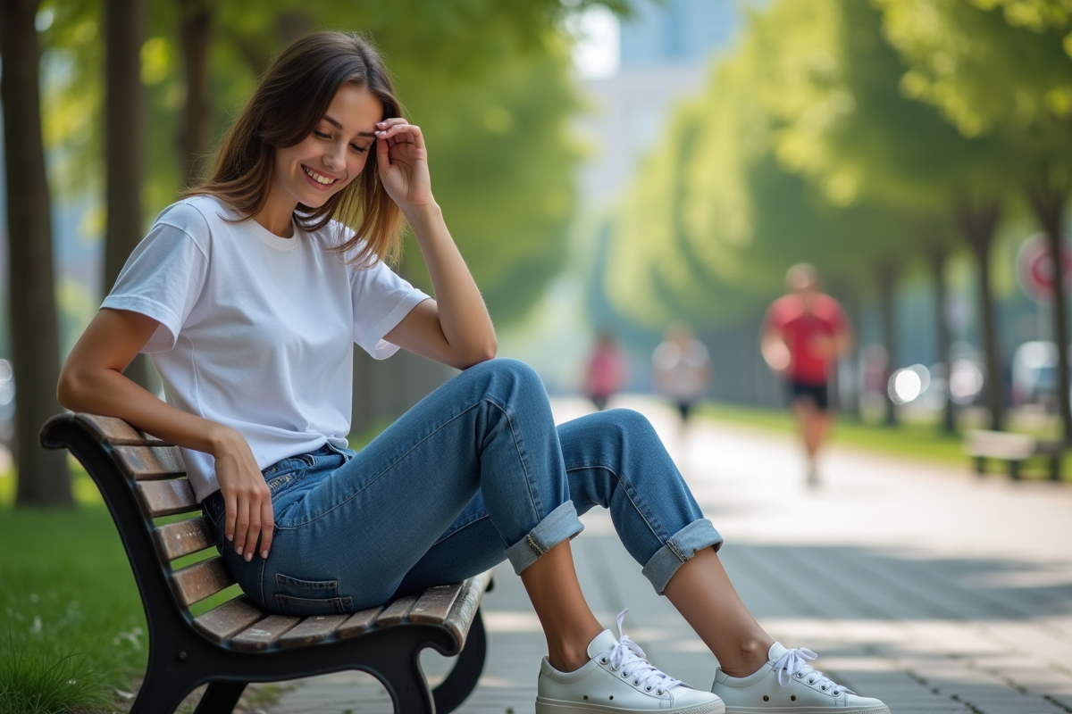Jeune femme décontractée en jeans et sneakers dans un parc urbain