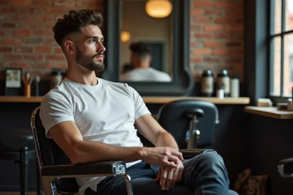 Jeune homme avec coupe fade dans un salon de coiffure moderne