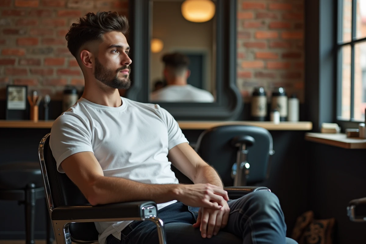 Jeune homme avec coupe fade dans un salon de coiffure moderne