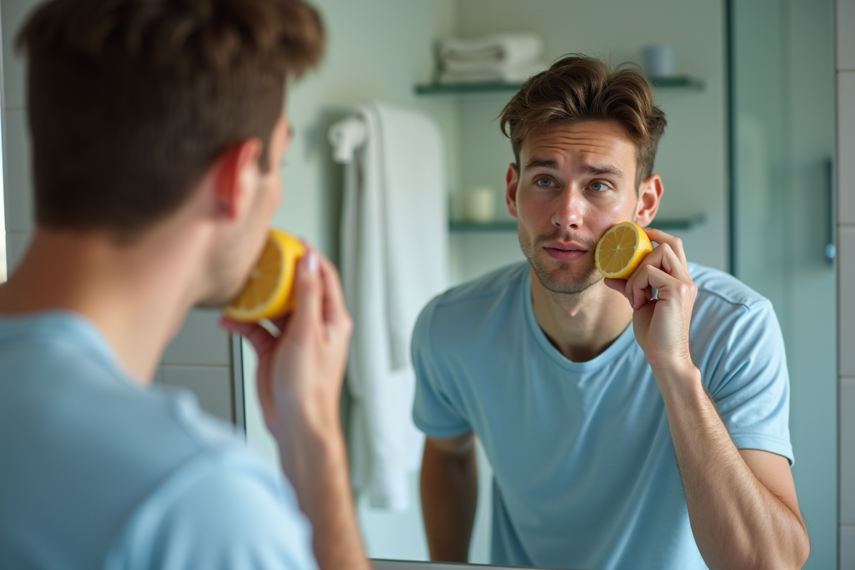 Jeune homme examine une tache sur sa joue dans le miroir