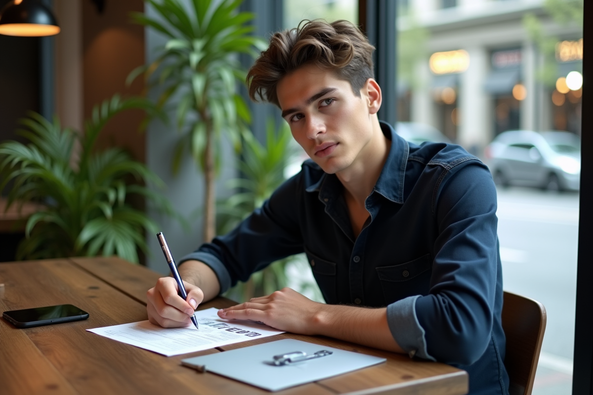 Jeune homme remplissant un formulaire dans un cafe lumineux