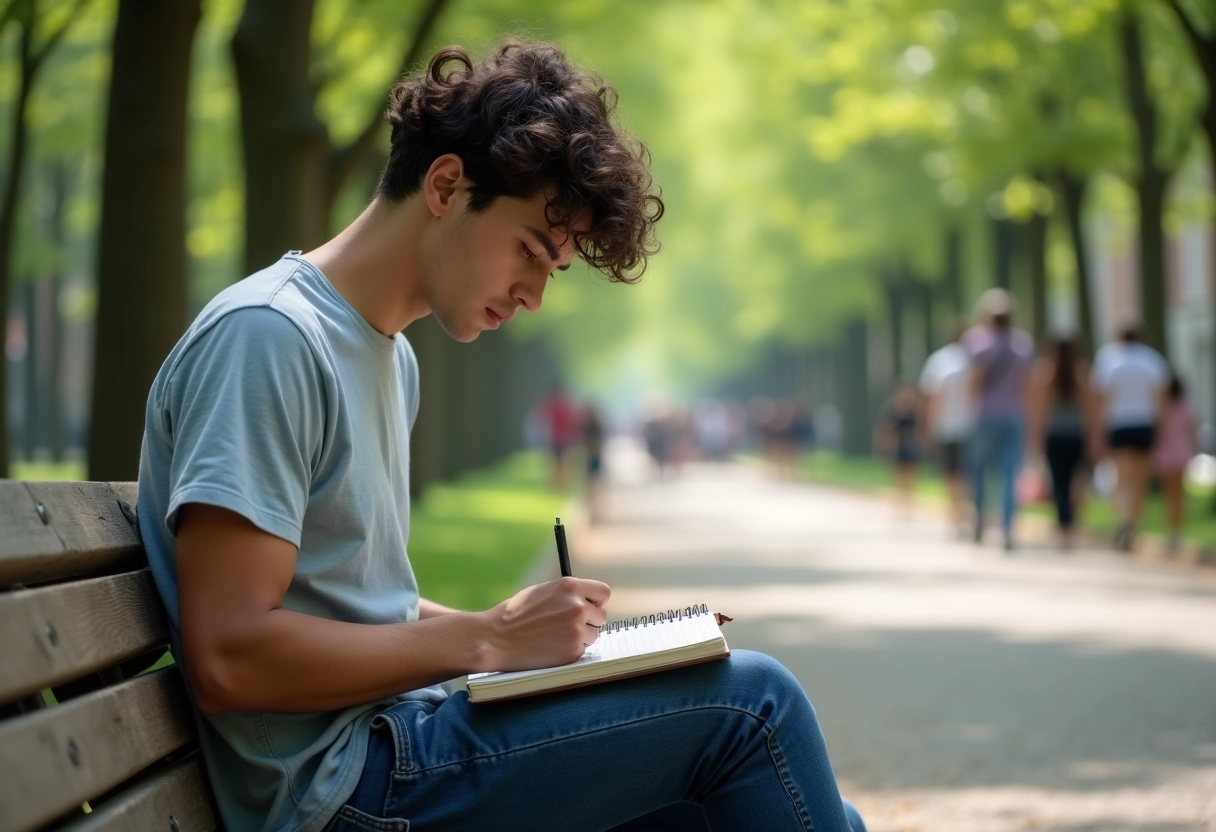 Jeune homme dessinant dans un parc urbain